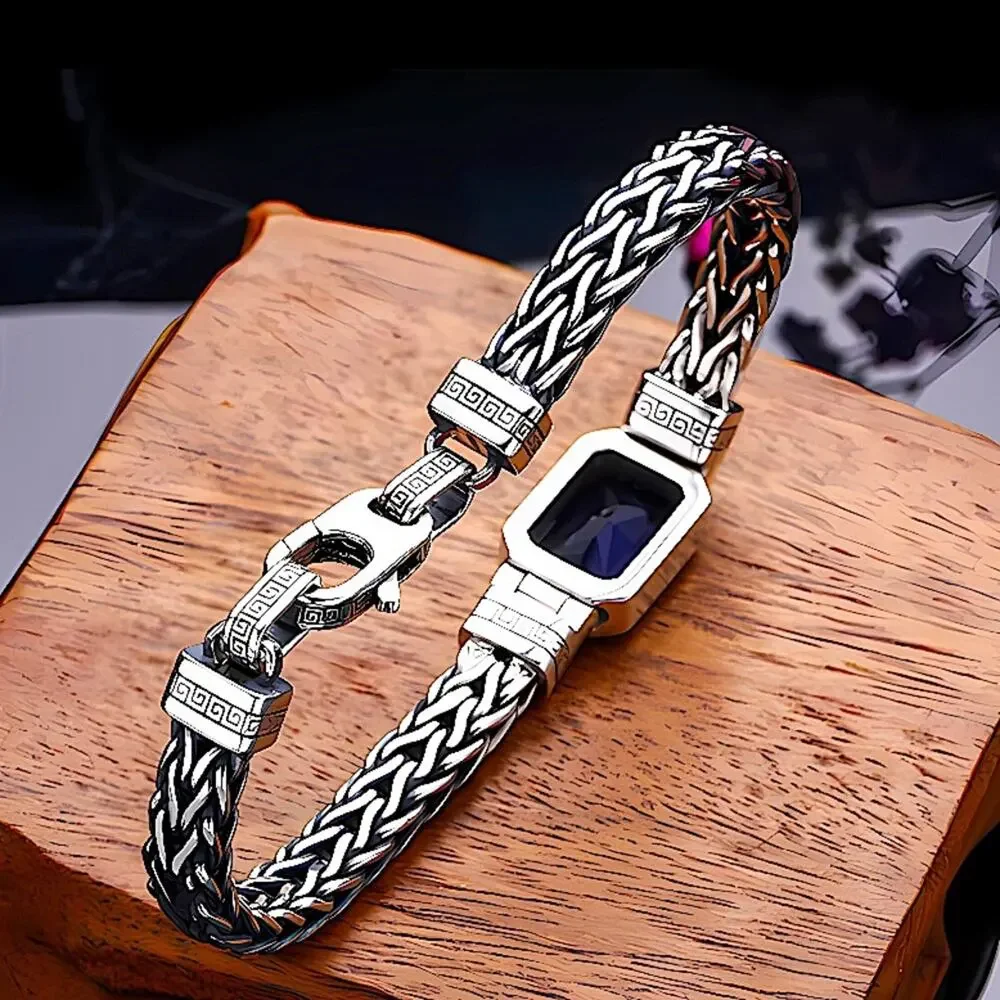 Sterling Silver Blue Zircon Braided Bracelet, Unisex, Handmade